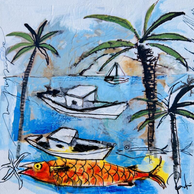 Peinture Vue mer par Colombo Cécile | Tableau Art naïf Paysages Nature Acrylique Collage Encre Pastel