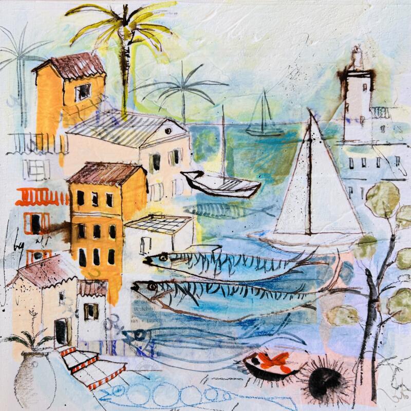 Pintura Oursinade provençale por Colombo Cécile | Pintura Arte naïf Paisajes Life style Acuarela Acrílico Collage Ink Pastel