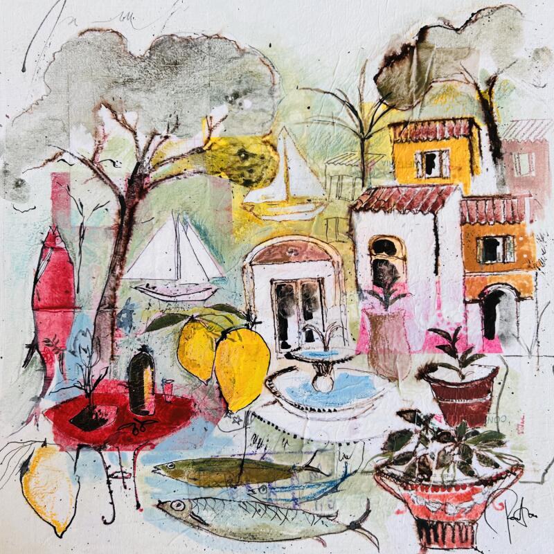 Painting La fraîcheur de la fontaine by Colombo Cécile | Painting Naive art Landscapes Nature Life style Watercolor Acrylic Gluing Ink Pastel