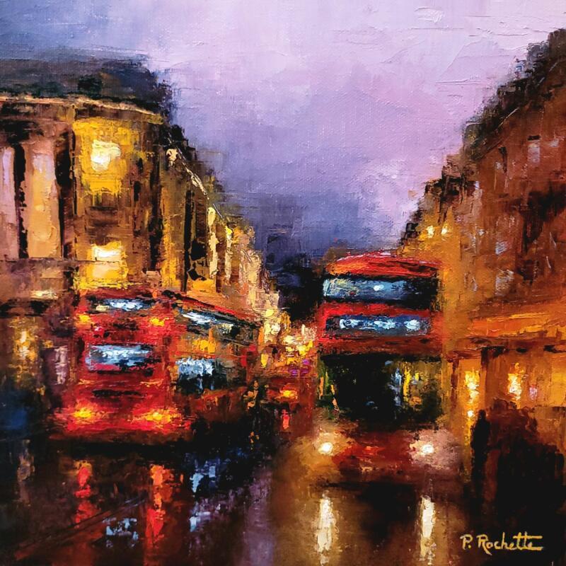 Peinture Double decker bus par Rochette Patrice | Tableau Impressionnisme Urbain Huile