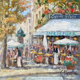 Painting Café de Flore en automne, le temps de repas. by Dontu Grigore | Painting Figurative Oil Architecture, Life style, Urban