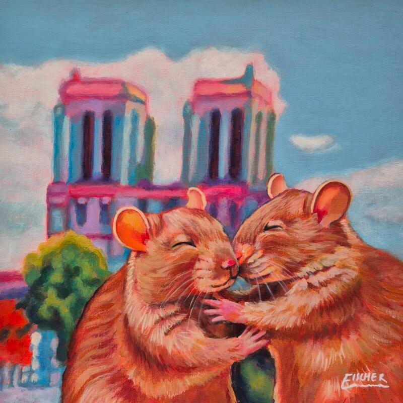 Gemälde La Dame pigmentée et les rongeurs amoureux von Emma Fischer | Gemälde Figurativ Alltagsszenen Tiere Architektur Acryl