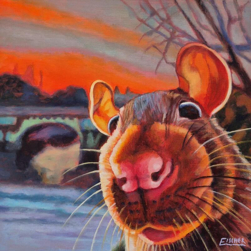 Peinture Entre flamme du ciel et frémissement de moustaches par Emma Fischer | Tableau Figuratif Urbain Nature Animaux Acrylique