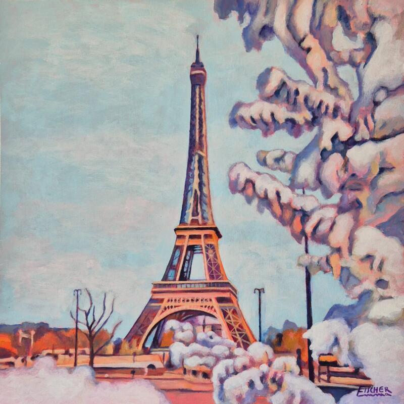 Peinture Le souffle de l’hiver sur Paris par Emma Fischer | Tableau Figuratif Urbain Nature Architecture Acrylique