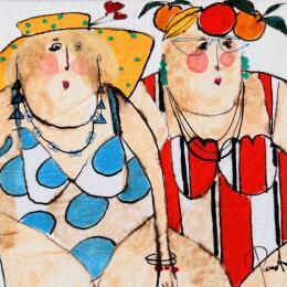 Peinture Marguerite et Joséphine par Colombo Cécile | Tableau Art naïf Acrylique, Aquarelle, Collage, Encre, Pastel Portraits