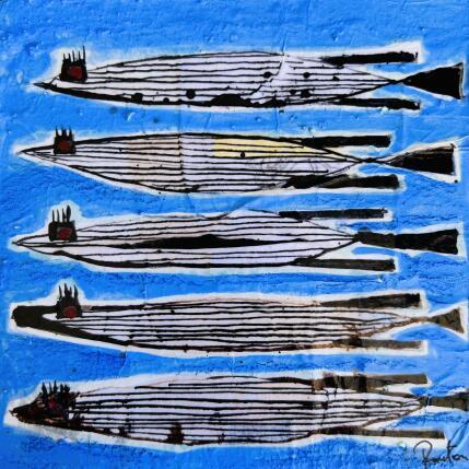 Pintura Les sardines aux yeux rouges por Colombo Cécile | Pintura Arte naïf Acrílico, Acuarela, Collage, Ink, Pastel Animales