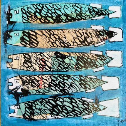 Pintura Sardines au vert por Colombo Cécile | Pintura Arte naïf Acrílico, Acuarela, Collage, Ink, Pastel Animales