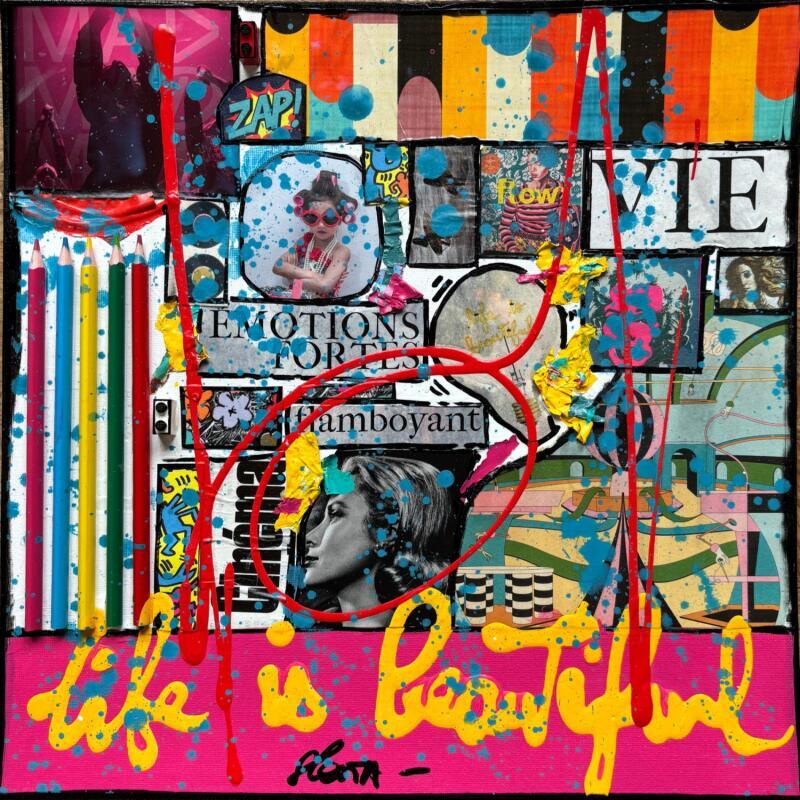 Painting Life is beautiful by Costa Sophie | Painting Pop-art Acrylic Gluing Upcycling