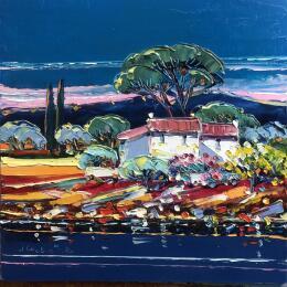 Painting Soirée bleue by Corbière Liisa | Painting Figurative Oil Landscapes