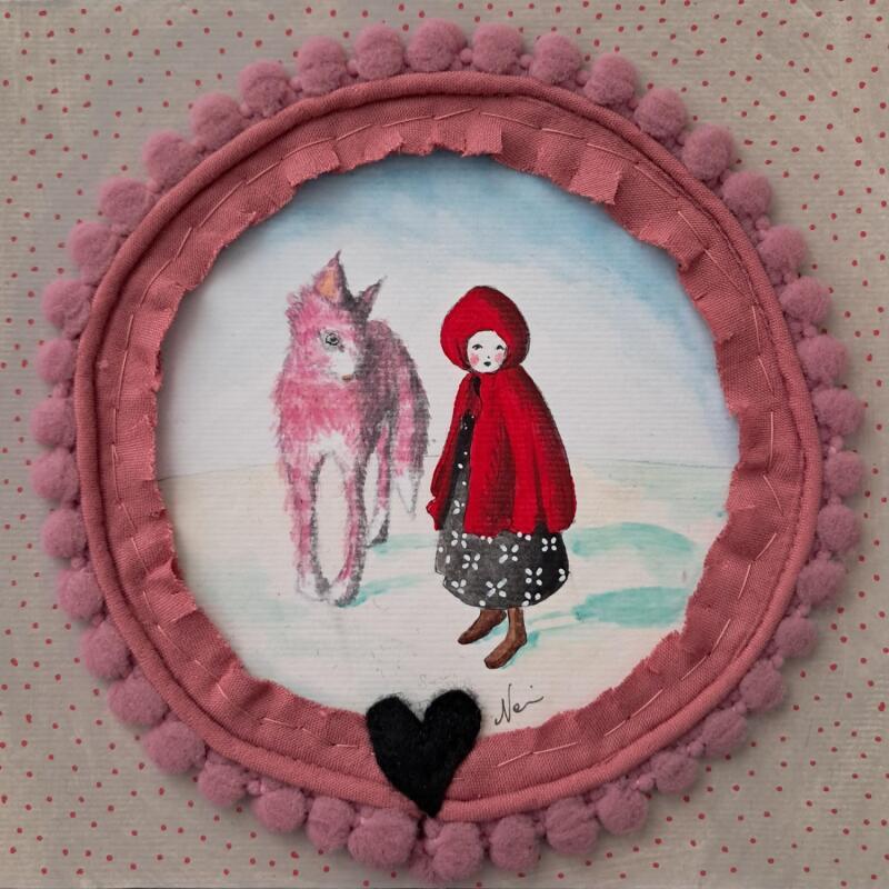 Peinture Cappuccetto rosso e la lupa rosa. par Nai | Tableau Surréalisme Icones Pop Nature Animaux Carton Acrylique Collage