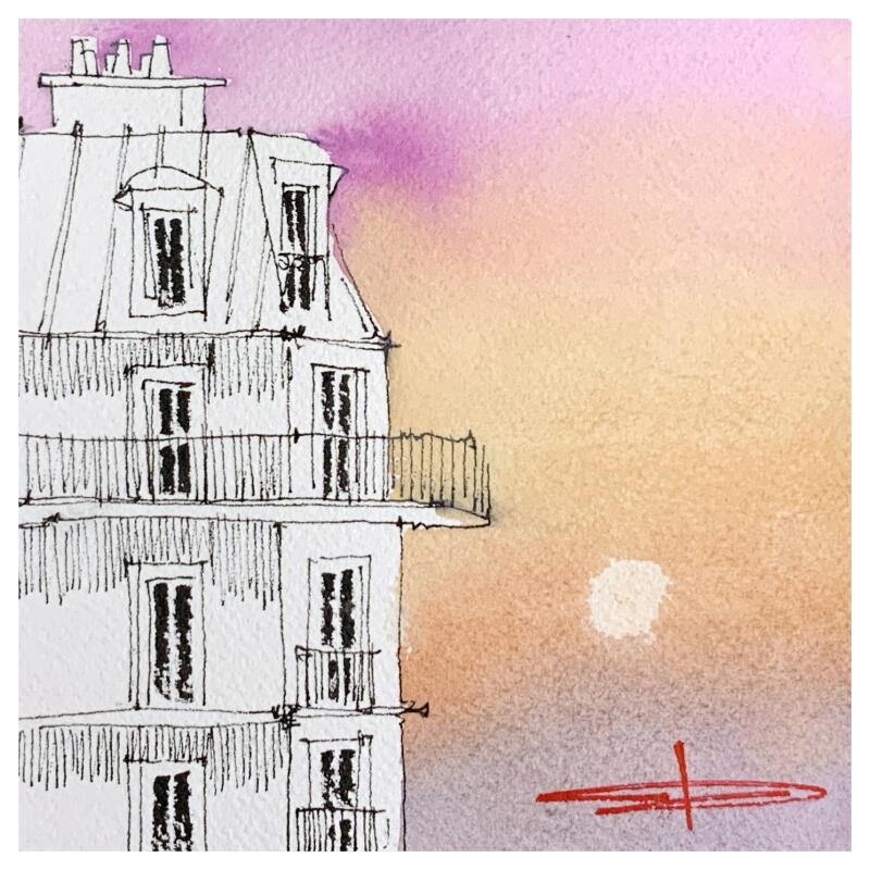 Peinture Les derniers rayons de soleil parisien par Bailly Kévin  | Tableau Figuratif Urbain Architecture Aquarelle Encre