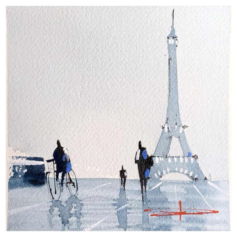 Peinture Sous la pluie du Trocadero par Bailly Kévin  | Tableau Figuratif Urbain Architecture Aquarelle Encre