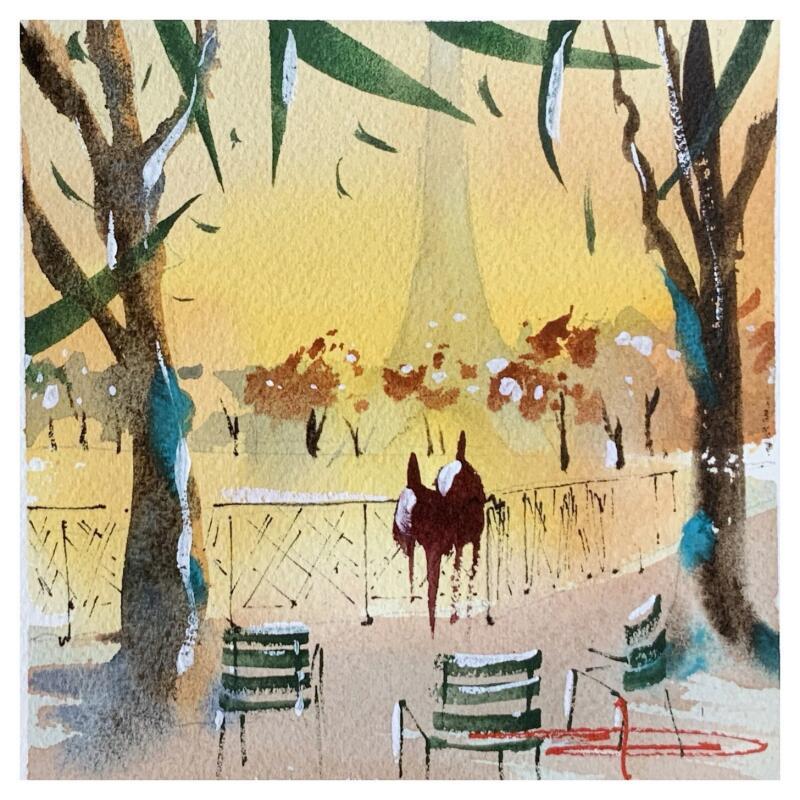Peinture Les amoureux des Tuileries par Bailly Kévin  | Tableau Figuratif Urbain Architecture Aquarelle Encre