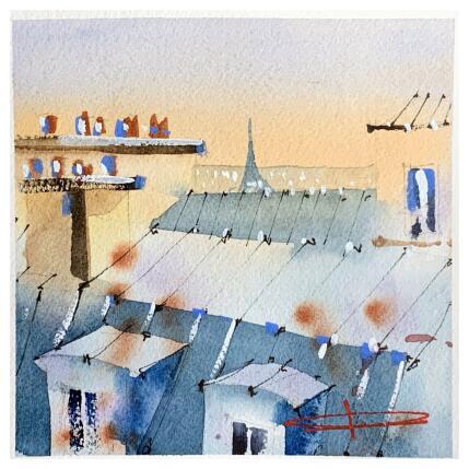Peinture Les toits sur la Tour Eiffel par Bailly Kévin  | Tableau Figuratif Aquarelle, Encre Architecture, Urbain