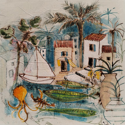 Painting Petit poulpe by Colombo Cécile | Painting Naive art Acrylic, Gluing, Ink, Pastel, Watercolor