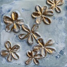 Peinture Fleurs dorées sur fond gris et bleu par Trébucq Marion  | Tableau