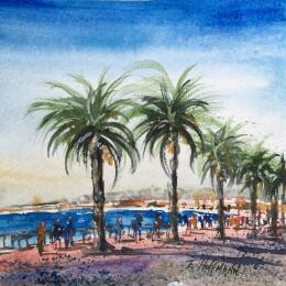Peinture Nice Promenade aux palmiers  par Hoffmann Elisabeth | Tableau Figuratif Aquarelle Urbain