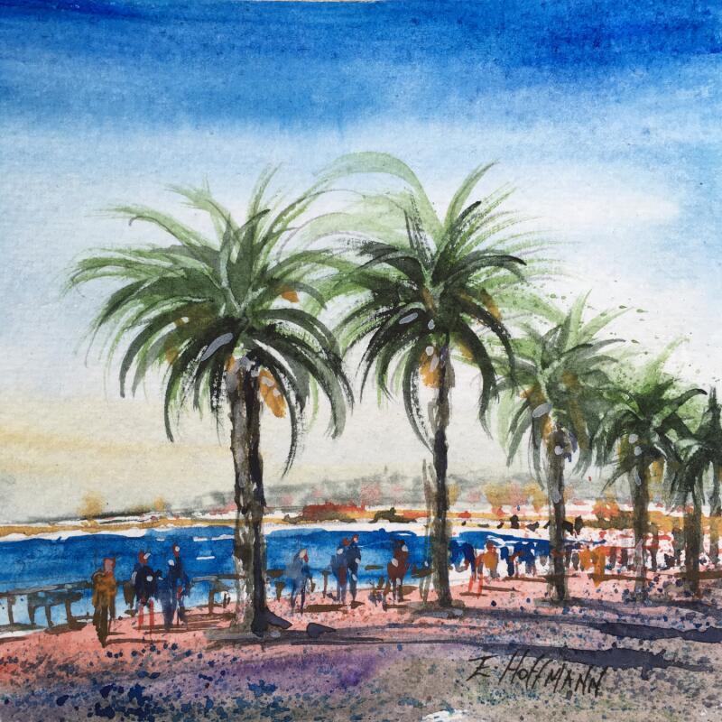 Painting Nice Promenade aux palmiers  by Hoffmann Elisabeth | Painting Figurative Urban Watercolor