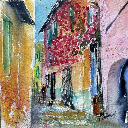 Gemälde Nice ruelle colorée d’ocre von Hoffmann Elisabeth | Gemälde Figurativ Aquarell Urban