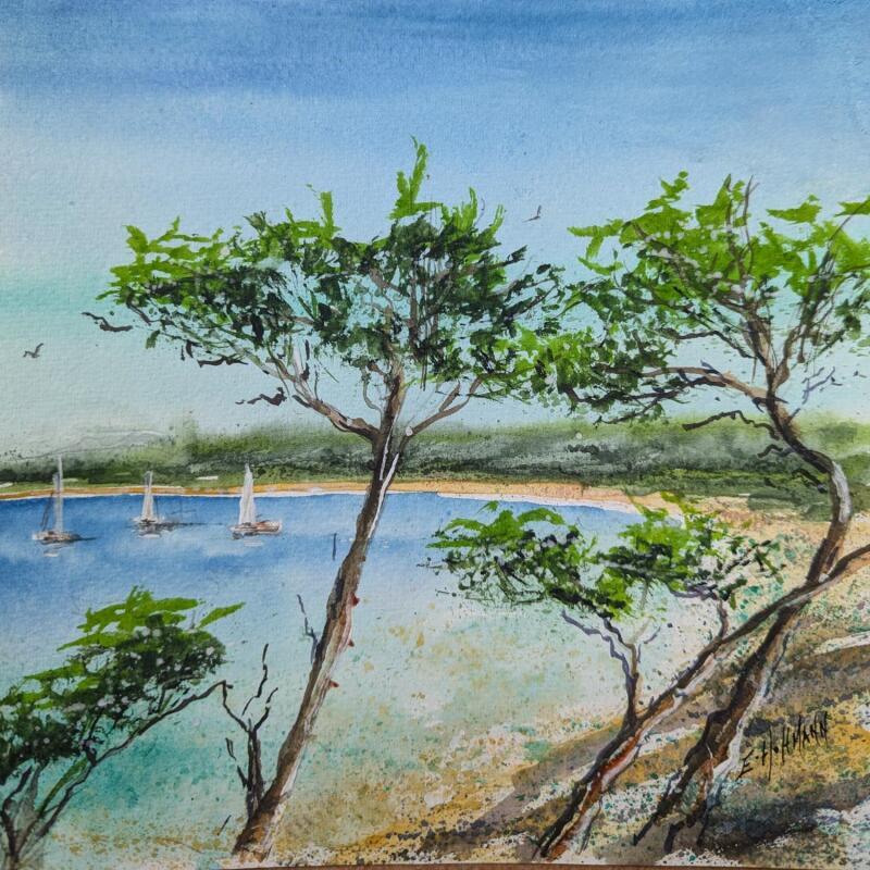 Peinture Porquerolles brise salée  par Hoffmann Elisabeth | Tableau Figuratif Urbain Marine Aquarelle