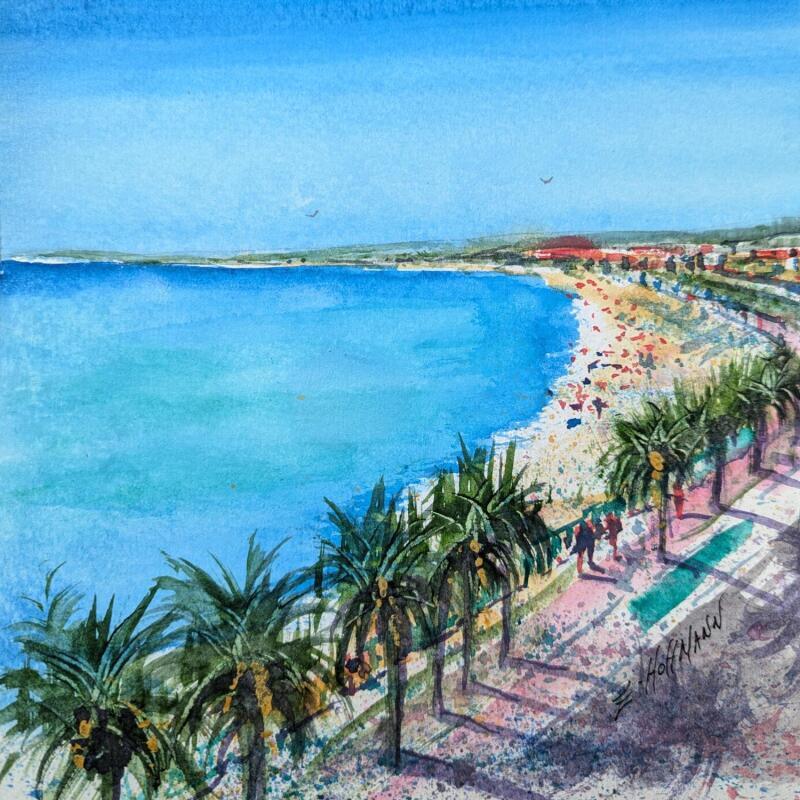 Painting Nice Promenade des anglais mer et ciel  by Hoffmann Elisabeth | Painting Figurative Urban Watercolor