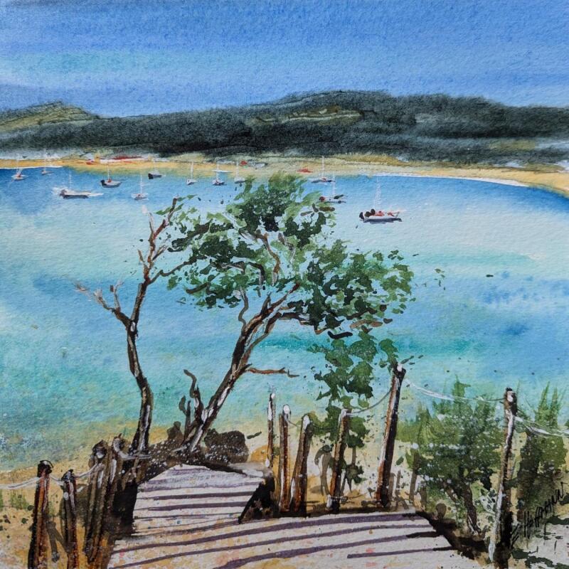 Painting Porquerolles ponton  by Hoffmann Elisabeth | Painting Figurative Urban Marine Watercolor