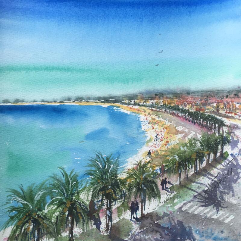 Peinture Nice Promenade des anglais l'heure bleue  par Hoffmann Elisabeth | Tableau Figuratif Urbain Aquarelle
