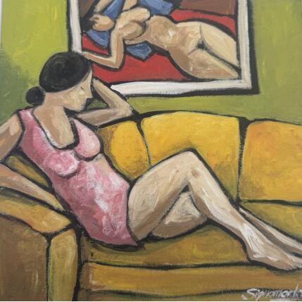 Peinture Repos sur canapé jaune par Signamarcheix Bernard | Tableau Art naïf Acrylique, Encre, Pastel