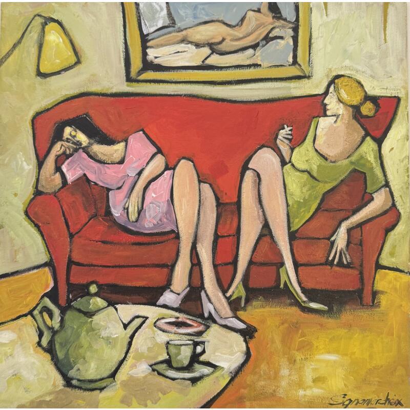 Pintura Confidences por Signamarcheix Bernard | Pintura Arte naïf Acrílico Ink Pastel