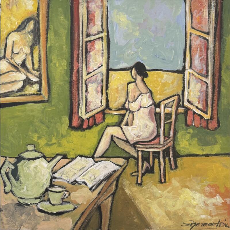 Peinture Un matin devant la fenêtre par Signamarcheix Bernard | Tableau Art naïf Acrylique Encre Pastel