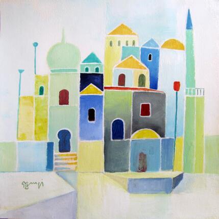 Peinture AO31 VILLAGE ORIENTAL I (vert) par Burgi Roger | Tableau Figuratif Acrylique Architecture, Paysages, Urbain