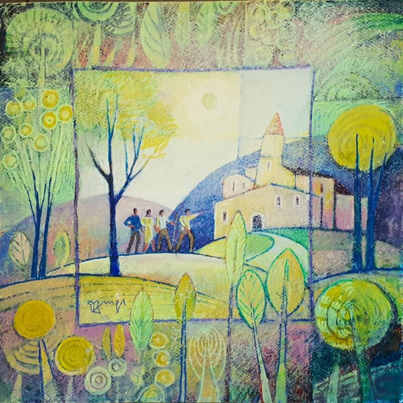 Painting AQ72 LES RANDONNEURS  by Burgi Roger | Painting Figurative Landscapes Nature Life style Acrylic