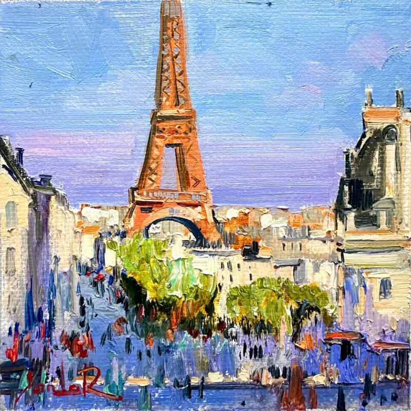 Peinture “Sous la Tour Eiffel” par Xanlar | Tableau Impressionnisme Urbain Architecture Huile