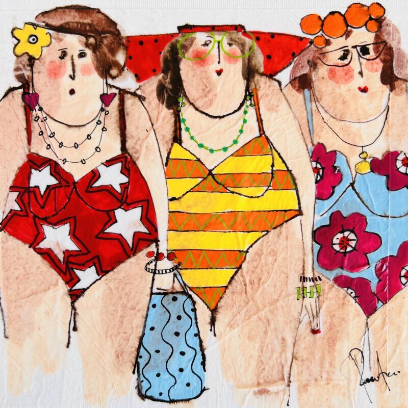 Painting Maryse, Yvette, Hélène by Colombo Cécile | Painting Naive art Portrait Watercolor Acrylic Gluing Ink Pastel