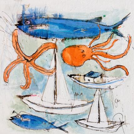 Peinture Poulpe et étoile par Colombo Cécile | Tableau Art naïf Acrylique, Collage, Encre, Pastel Animaux, Scènes de vie