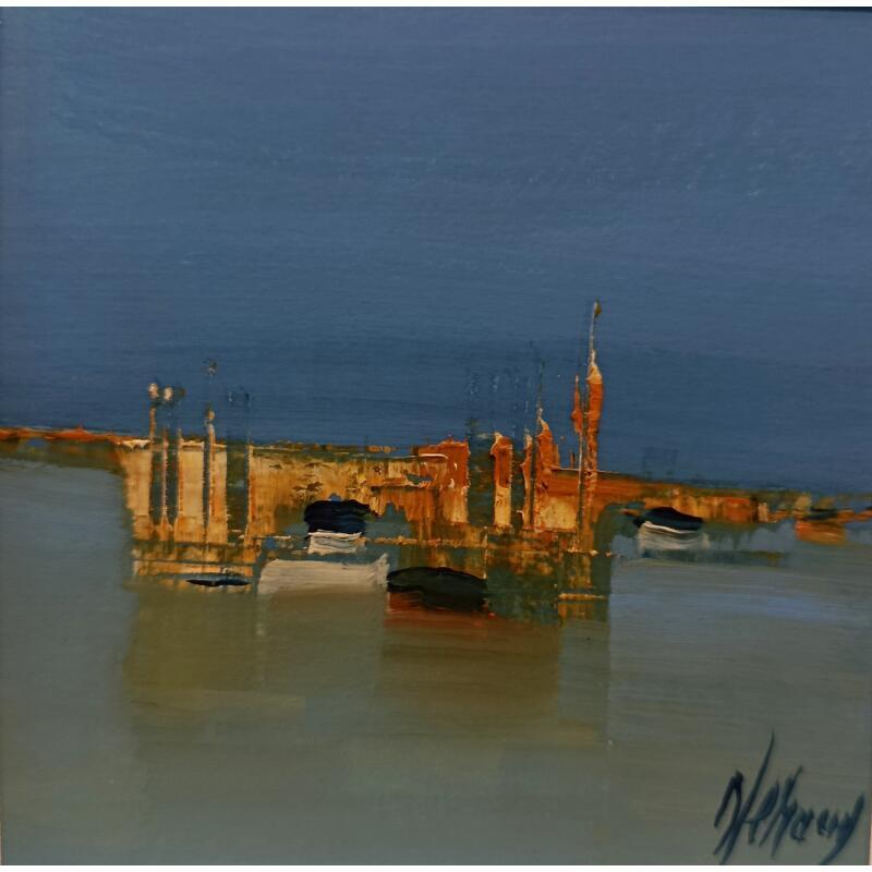 Pintura Les trois barques bleues por Héraud Alain | Pintura Figurativo Marine Aceite
