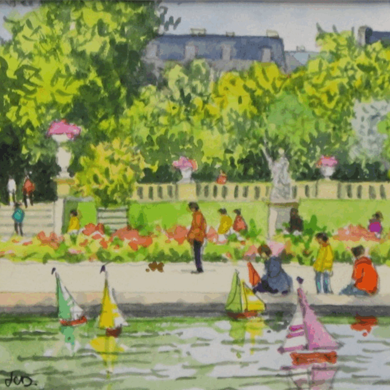 Painting Paris, le bassin du Luxembourg by Decoudun Jean charles | Painting Figurative Urban Watercolor