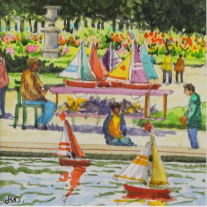 Pintura Paris, le bassin des Tuileries por Decoudun Jean charles | Pintura Figurativo Urbano Acuarela
