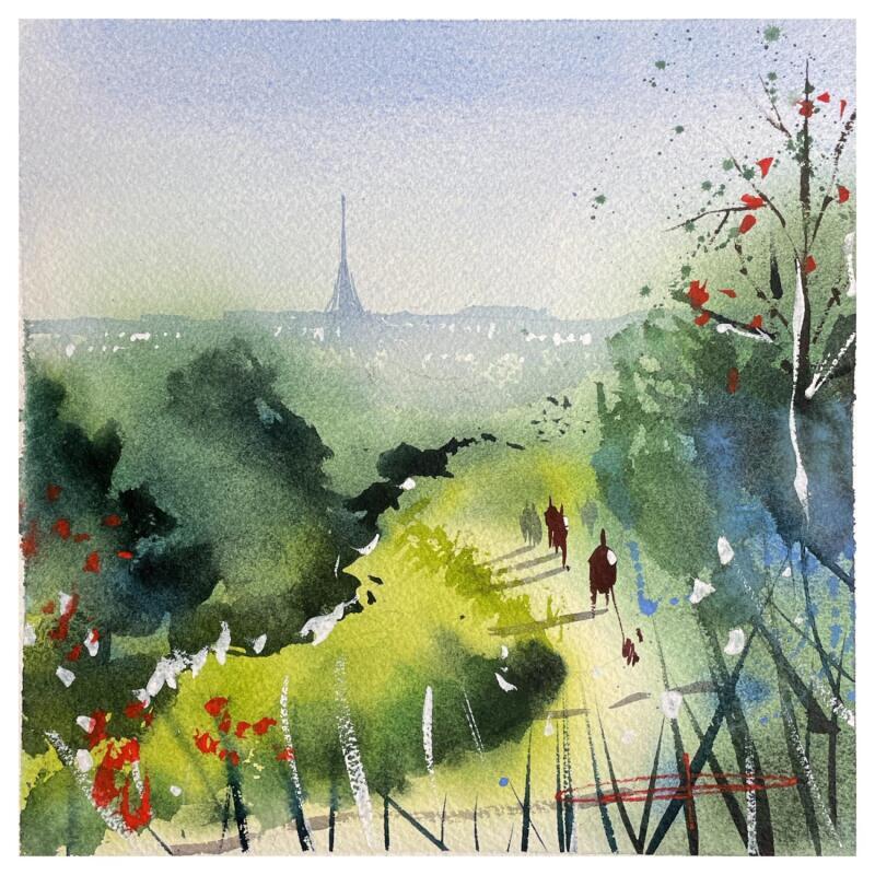Gemälde Les buttes Chaumont von Bailly Kévin  | Gemälde Figurativ Urban Architektur Aquarell Tinte