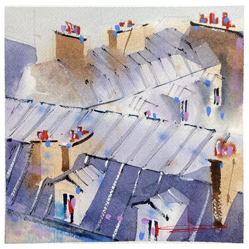 Gemälde Ombres et lumieres sur les toits von Bailly Kévin  | Gemälde Figurativ Urban Architektur Aquarell Tinte