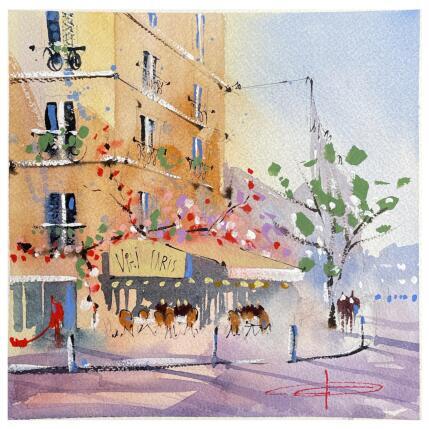 Peinture Café le Vrai Paris par Bailly Kévin  | Tableau Figuratif Aquarelle, Encre Architecture, Urbain