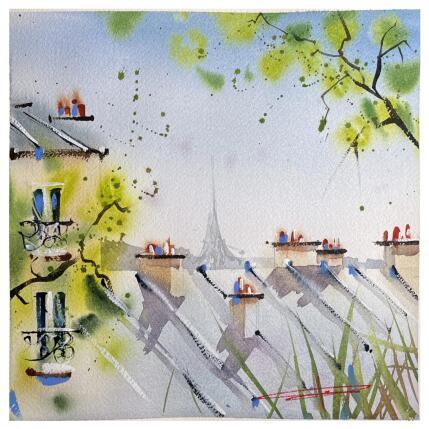 Peinture Les toits depuis Montmartre par Bailly Kévin  | Tableau Figuratif Aquarelle, Encre Architecture, Urbain
