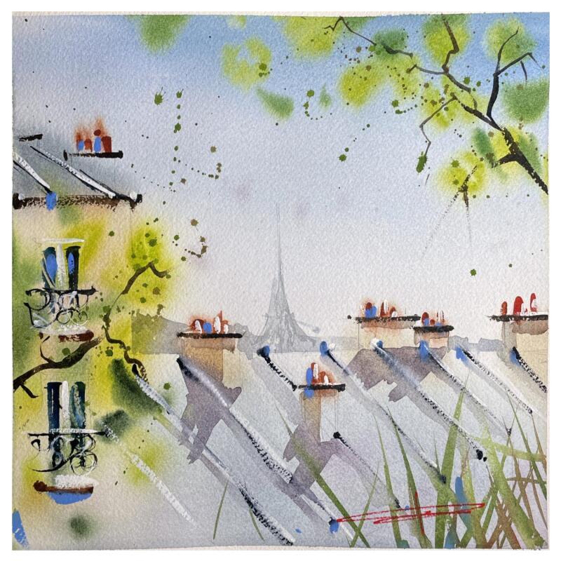Painting Les toits depuis Montmartre by Bailly Kévin  | Painting Figurative Urban Architecture Watercolor Ink