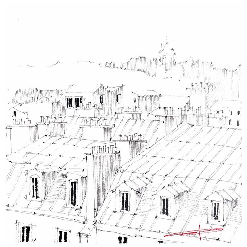 Gemälde Les toits, vue Montmartre von Bailly Kévin  | Gemälde Figurativ Urban Architektur Aquarell Tinte