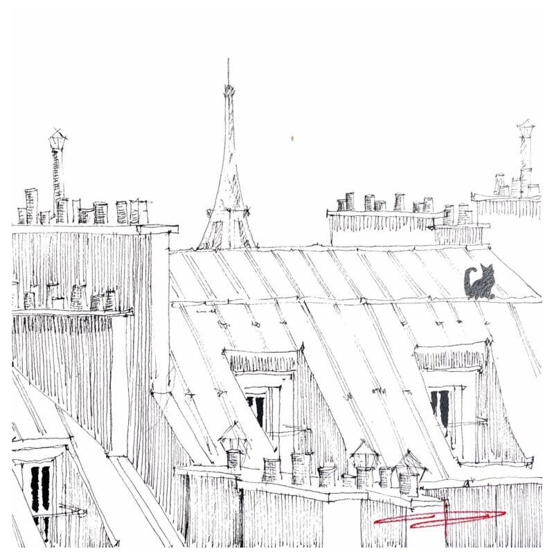 Peinture Le chat de montmartre par Bailly Kévin  | Tableau Figuratif Urbain Architecture Aquarelle Encre