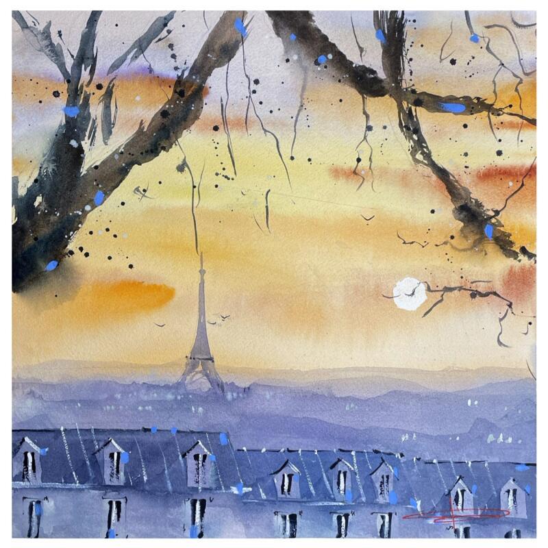 Peinture Sous les branches de Paris par Bailly Kévin  | Tableau Figuratif Urbain Architecture Aquarelle Encre