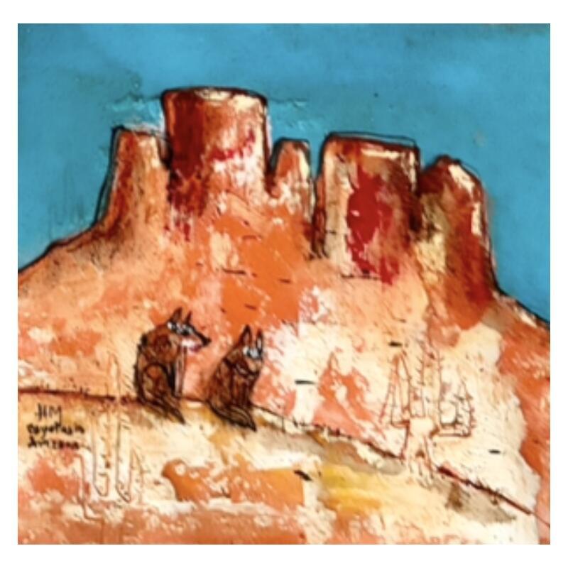 Painting Coyotes & cactus by Maury Hervé | Painting Raw art Animals