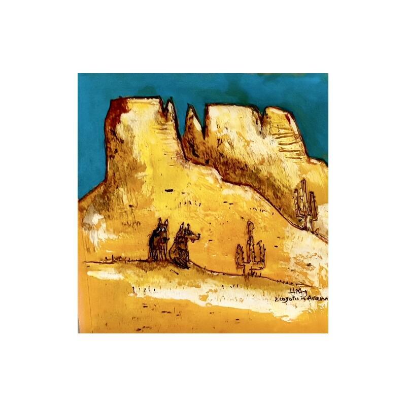 Painting Coyotes in Golden Canyons by Maury Hervé | Painting Raw art Animals