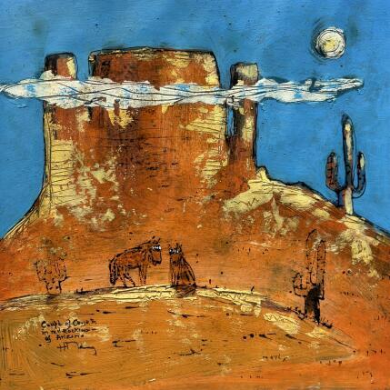 Peinture 2 coyotes laughing par Maury Hervé | Tableau Art Singulier Animaux