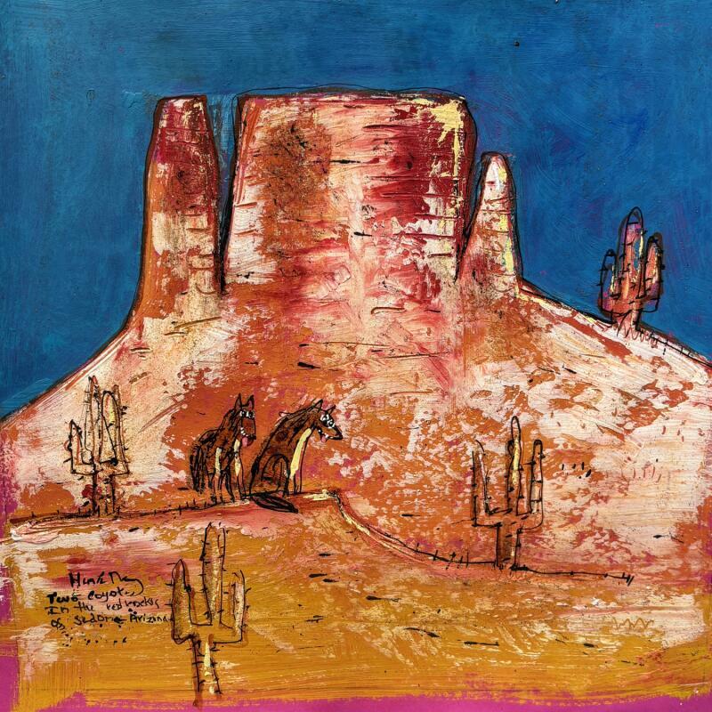 Painting Coyotes having fun in Sedona by Maury Hervé | Painting Raw art Animals